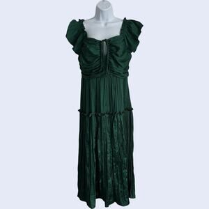 Entro L Cottagecore Midi Dress Emerald Green Smocked Tiered Ruffle